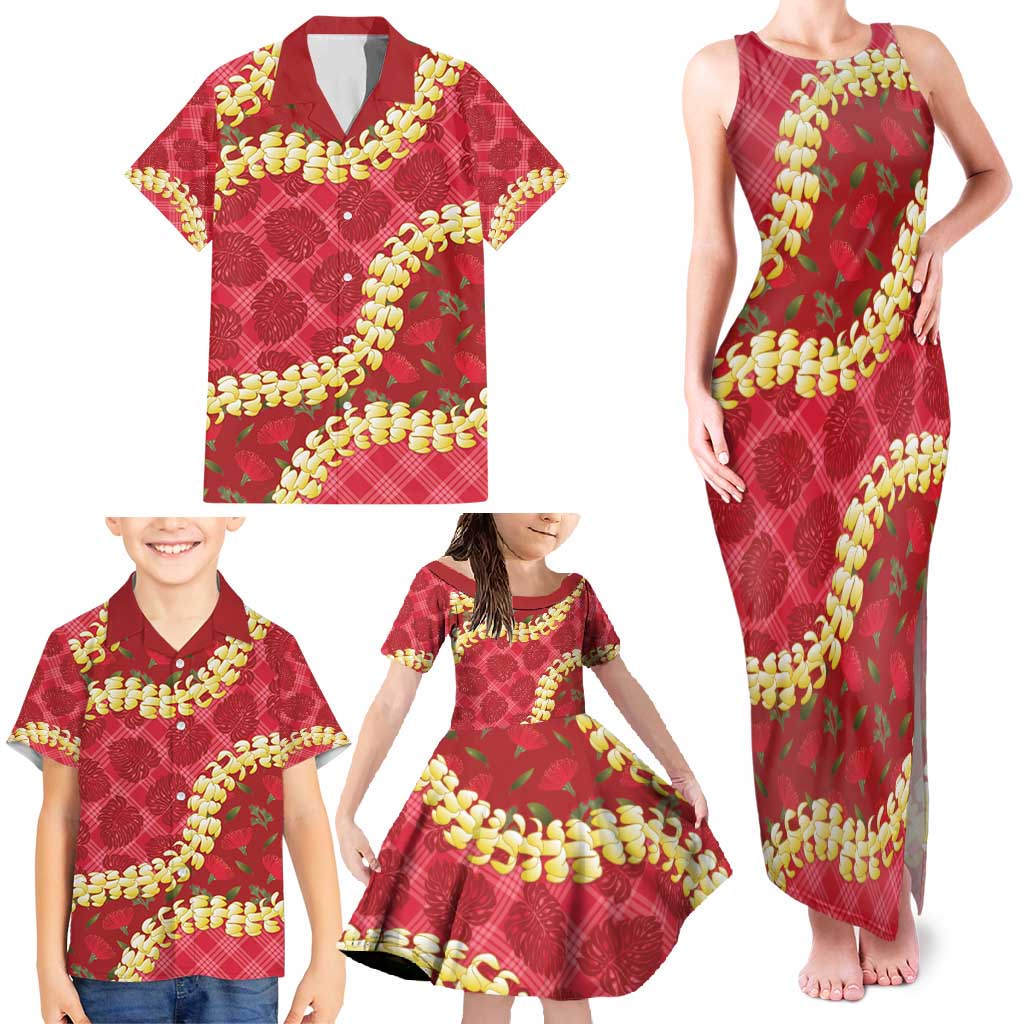 Red Palaka Hawaii Mele Kalikimaka Family Matching Tank Maxi Dress and Hawaiian Shirt Ohia Lehua Monstera Puakenikeni Lei - Polynesian Pride