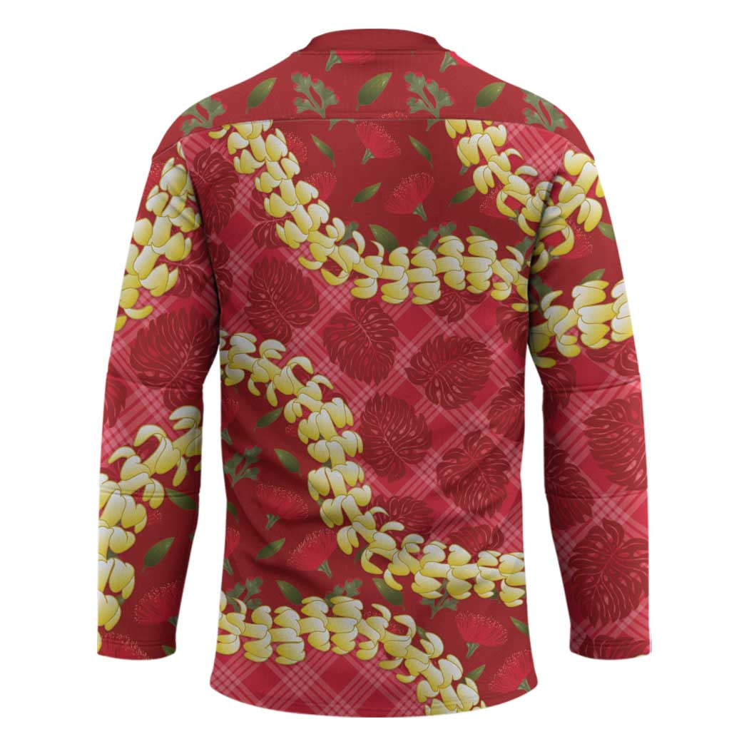 Red Palaka Hawaii Mele Kalikimaka Hockey Jersey Ohia Lehua Monstera Puakenikeni Lei - Polynesian Pride