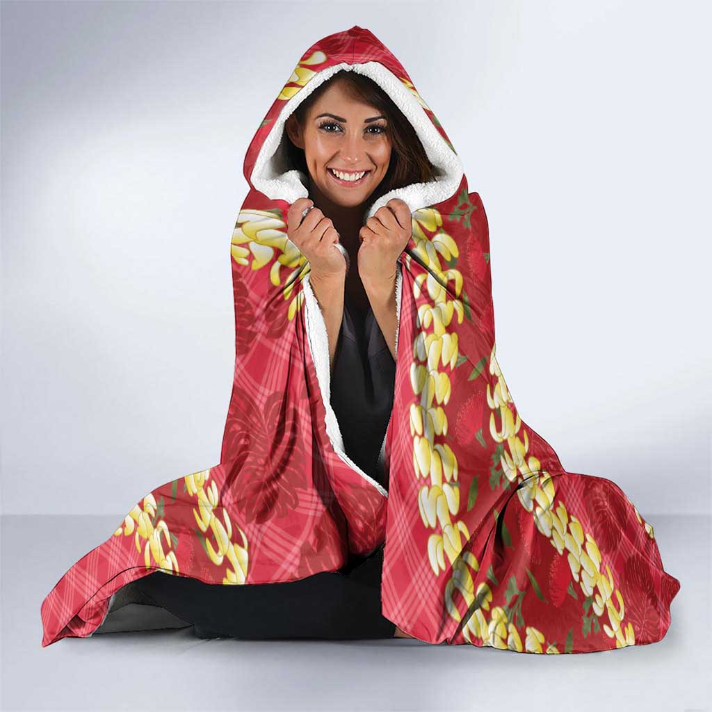 Red Palaka Hawaii Mele Kalikimaka Hooded Blanket Ohia Lehua Monstera Puakenikeni Lei - Polynesian Pride