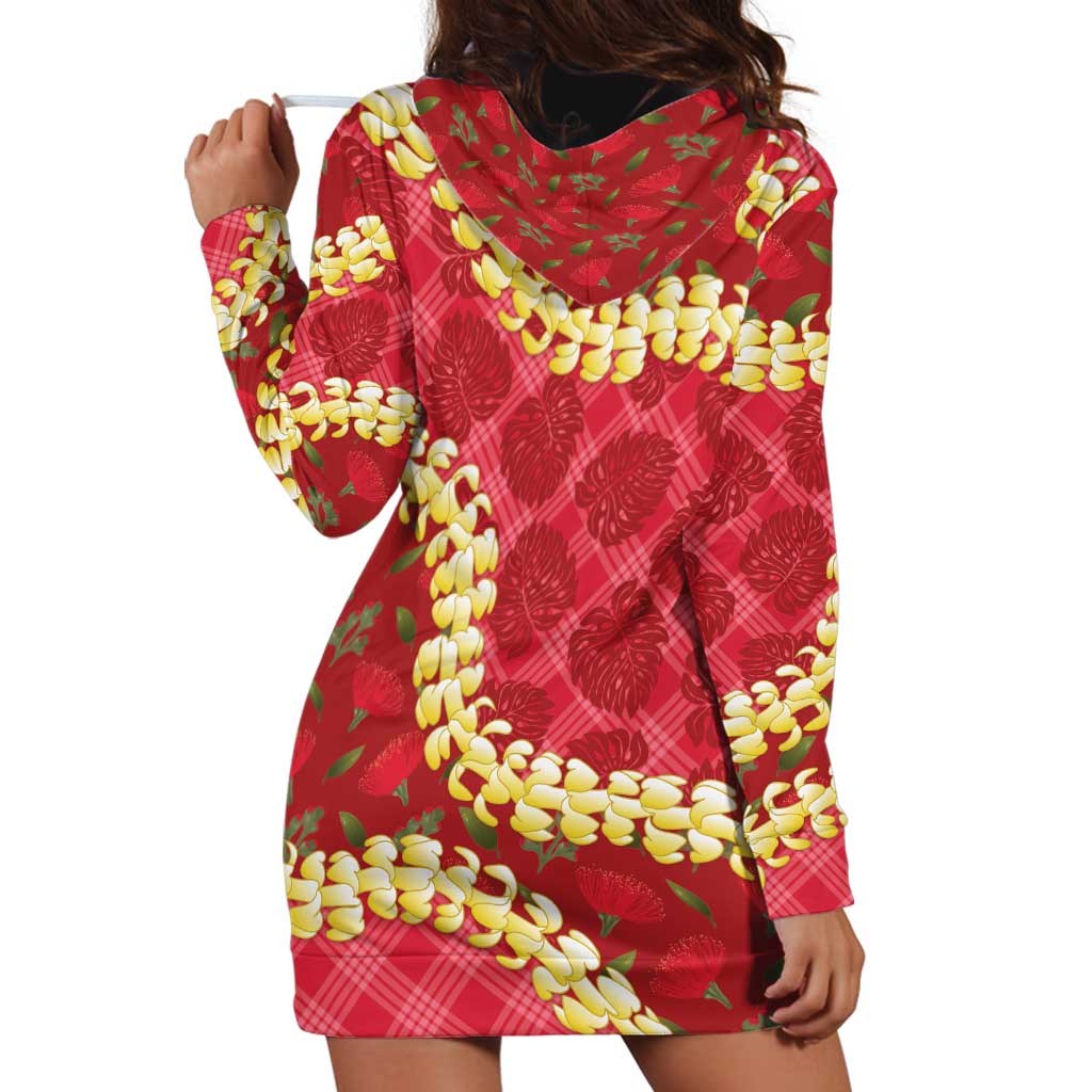 Red Palaka Hawaii Mele Kalikimaka Hoodie Dress Ohia Lehua Monstera Puakenikeni Lei - Polynesian Pride