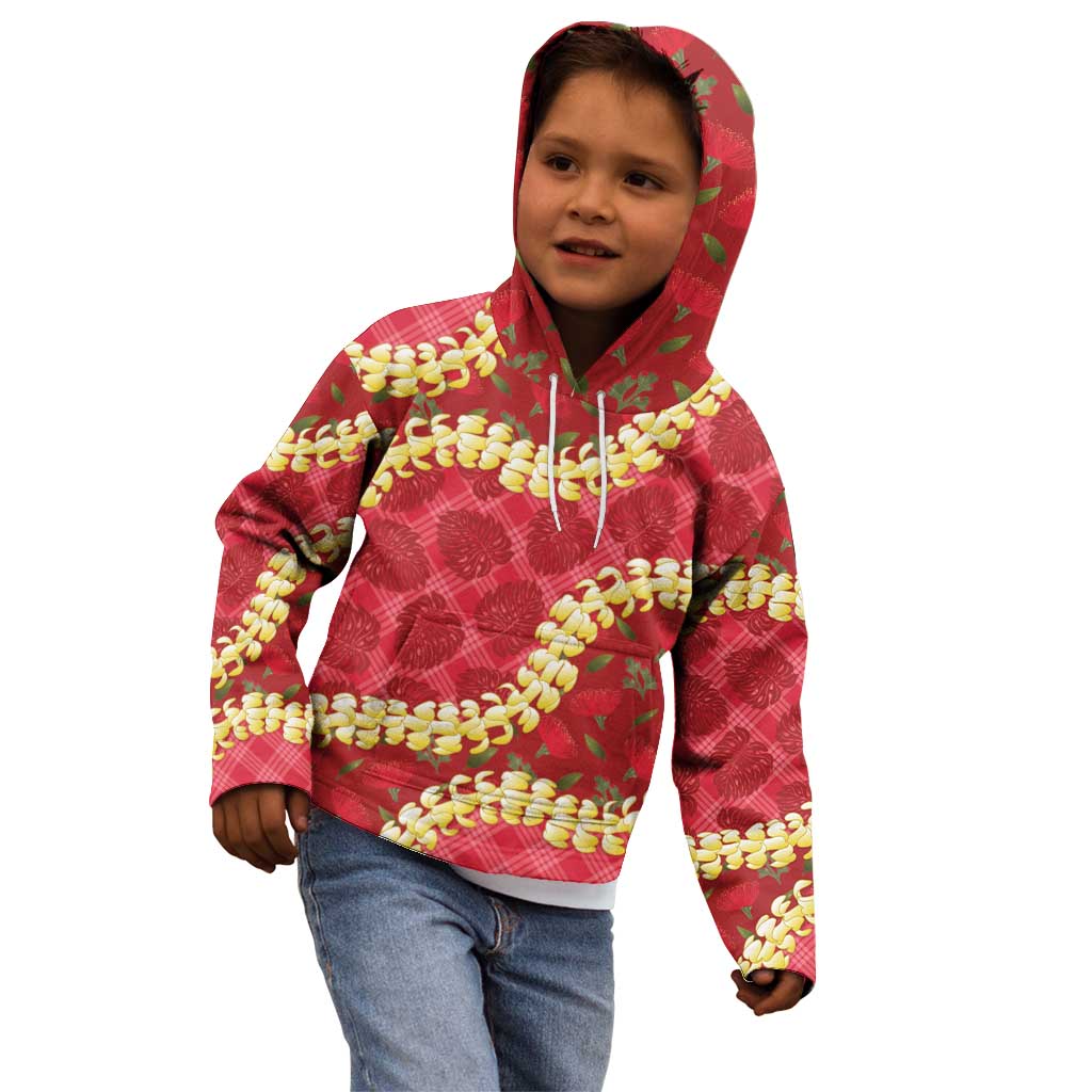 Red Palaka Hawaii Mele Kalikimaka Kid Hoodie Ohia Lehua Monstera Puakenikeni Lei - Polynesian Pride