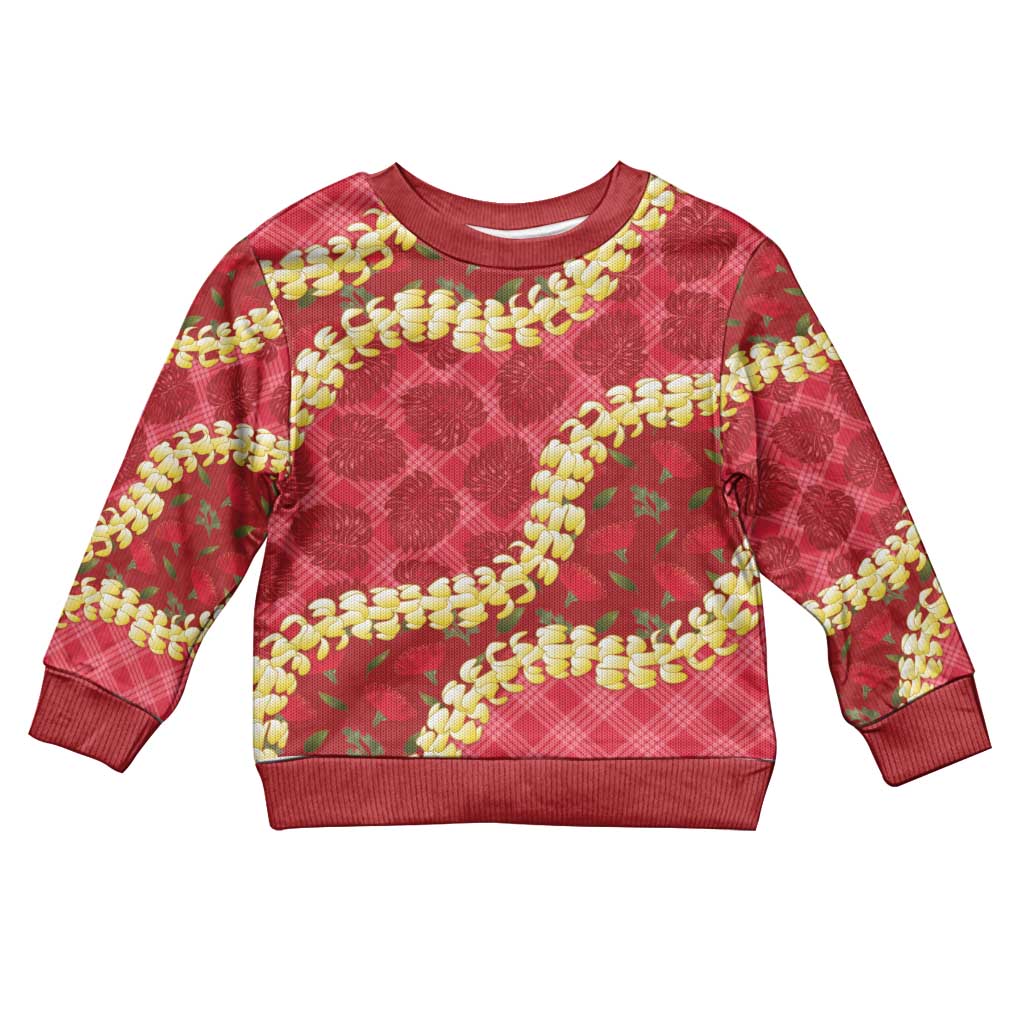 Red Palaka Hawaii Mele Kalikimaka Kid Ugly Christmas Sweater Ohia Lehua Monstera Puakenikeni Lei - Polynesian Pride