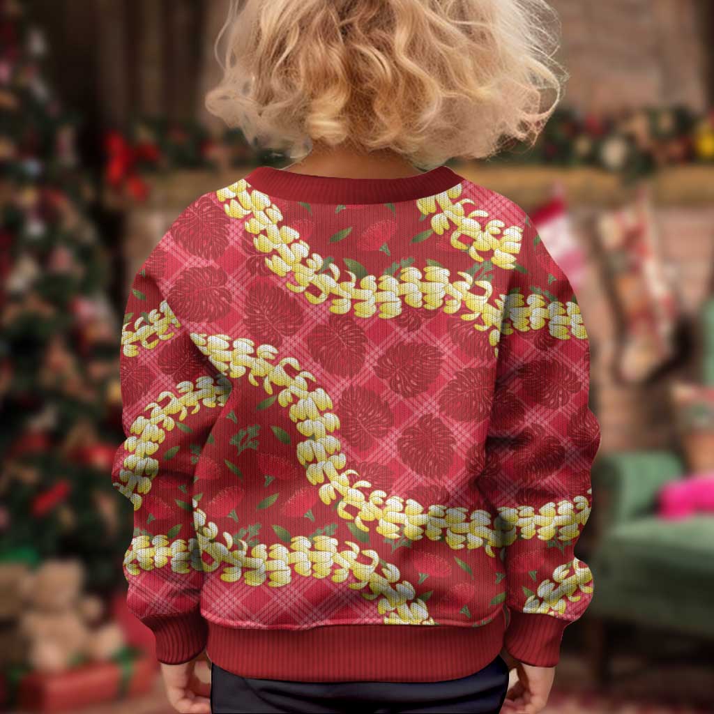 Red Palaka Hawaii Mele Kalikimaka Kid Ugly Christmas Sweater Ohia Lehua Monstera Puakenikeni Lei - Polynesian Pride