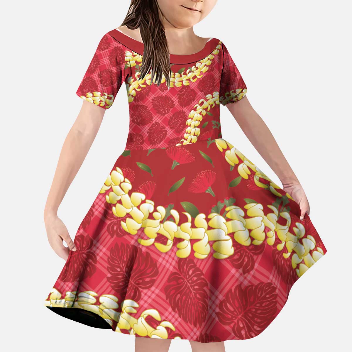 Red Palaka Hawaii Mele Kalikimaka Kid Short Sleeve Dress Ohia Lehua Monstera Puakenikeni Lei - Polynesian Pride