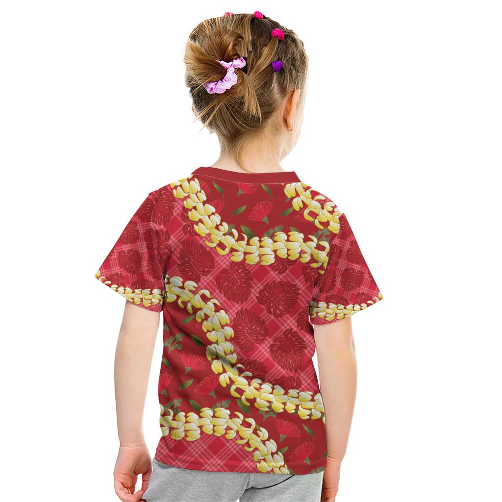 Red Palaka Hawaii Mele Kalikimaka Kid T Shirt Ohia Lehua Monstera Puakenikeni Lei - Polynesian Pride