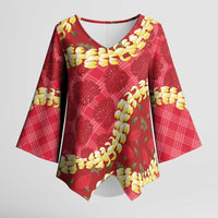 Red Palaka Hawaii Mele Kalikimaka Kimono Sleeve Blouse Ohia Lehua Monstera Puakenikeni Lei - Polynesian Pride