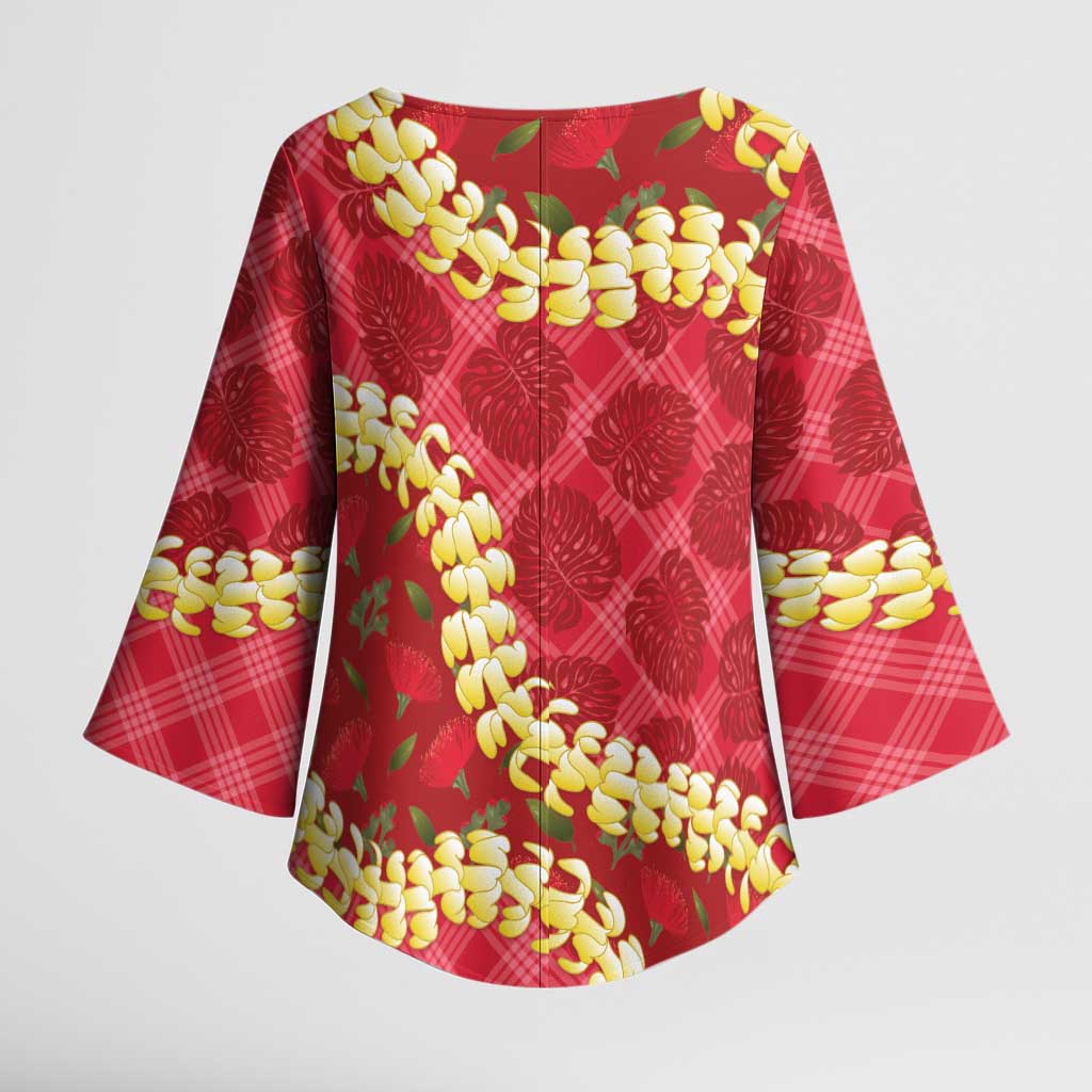 Red Palaka Hawaii Mele Kalikimaka Kimono Sleeve Blouse Ohia Lehua Monstera Puakenikeni Lei - Polynesian Pride