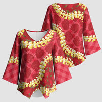 Red Palaka Hawaii Mele Kalikimaka Kimono Sleeve Blouse Ohia Lehua Monstera Puakenikeni Lei - Polynesian Pride