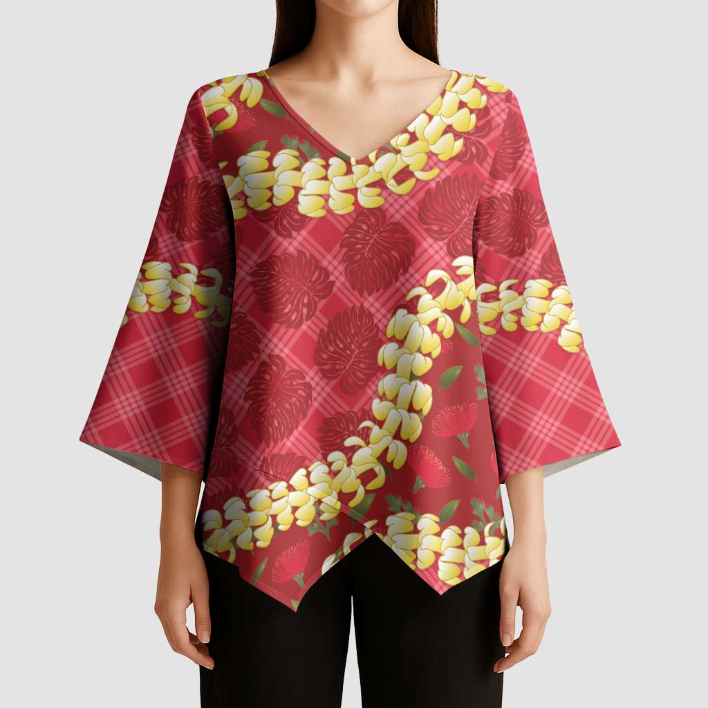 Red Palaka Hawaii Mele Kalikimaka Kimono Sleeve Blouse Ohia Lehua Monstera Puakenikeni Lei - Polynesian Pride