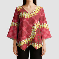 Red Palaka Hawaii Mele Kalikimaka Kimono Sleeve Blouse Ohia Lehua Monstera Puakenikeni Lei - Polynesian Pride