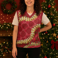 Red Palaka Hawaii Mele Kalikimaka Christmas Knitted V-Neck Vest Ohia Lehua Monstera Puakenikeni Lei - Polynesian Pride