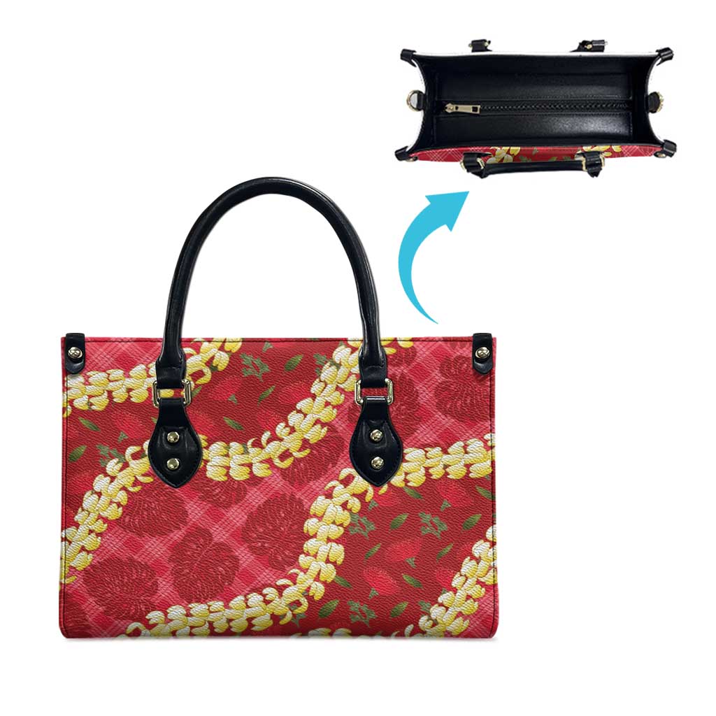Red Palaka Hawaii Mele Kalikimaka Leather Bag Ohia Lehua Monstera Puakenikeni Lei - Polynesian Pride