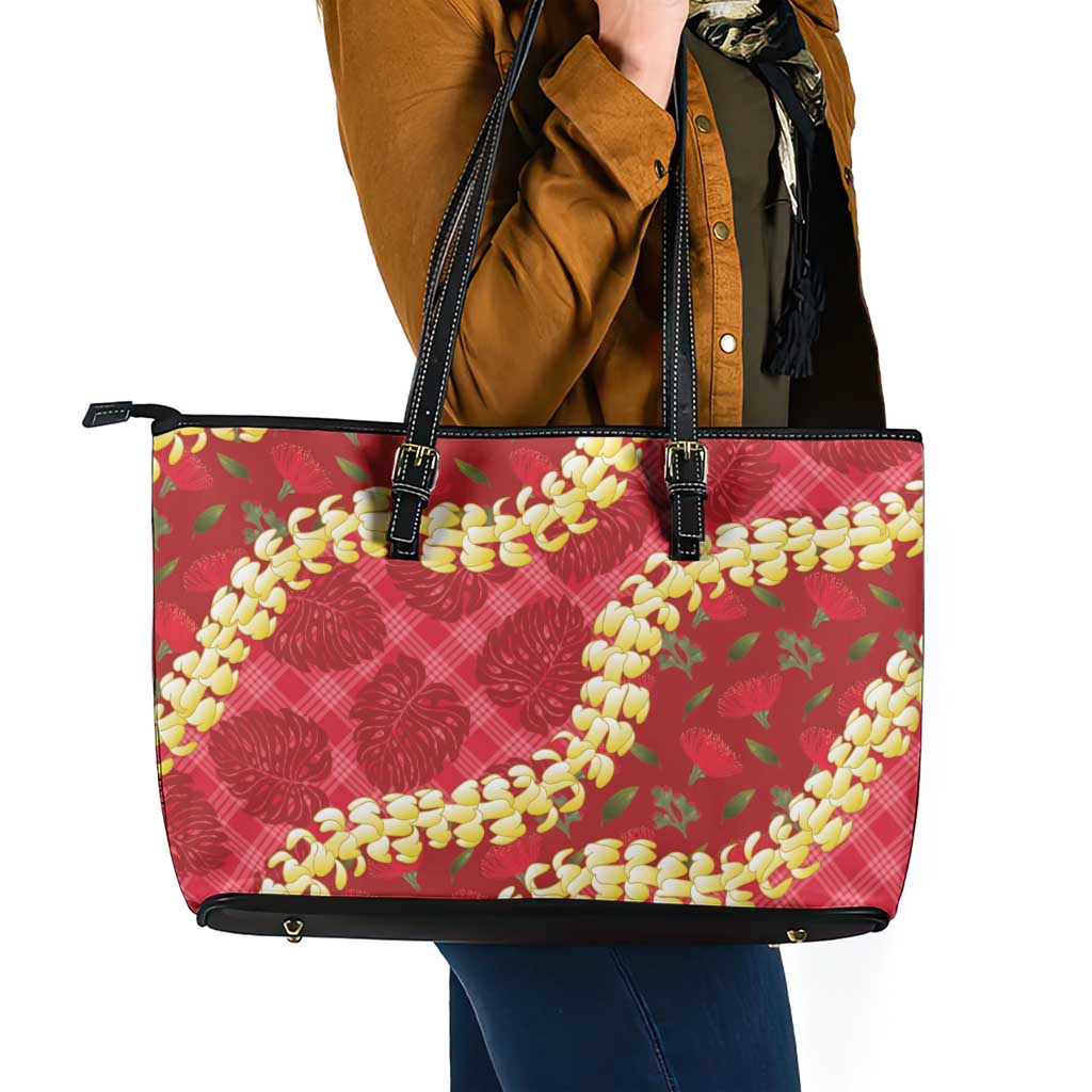 Red Palaka Hawaii Mele Kalikimaka Leather Tote Bag Ohia Lehua Monstera Puakenikeni Lei - Polynesian Pride