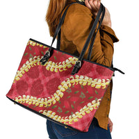Red Palaka Hawaii Mele Kalikimaka Leather Tote Bag Ohia Lehua Monstera Puakenikeni Lei - Polynesian Pride