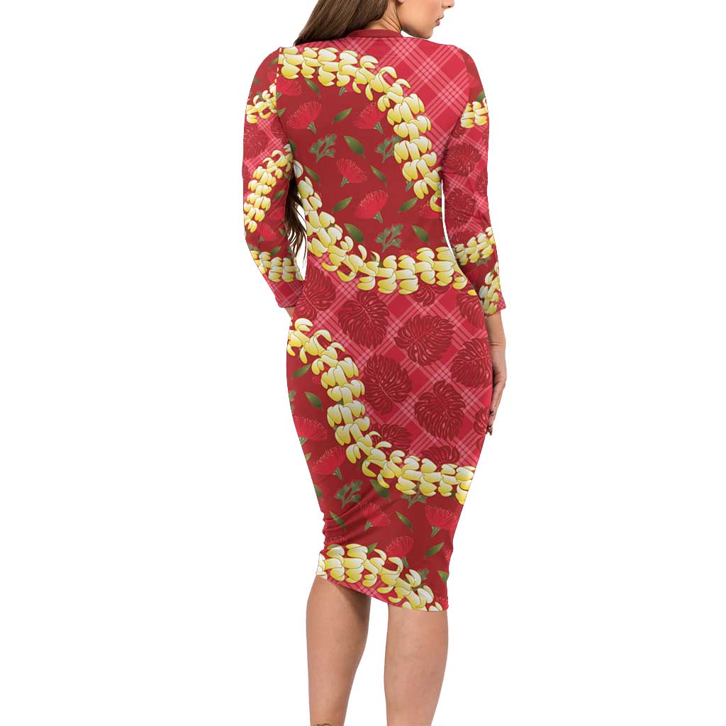 Red Palaka Hawaii Mele Kalikimaka Long Sleeve Bodycon Dress Ohia Lehua Monstera Puakenikeni Lei - Polynesian Pride