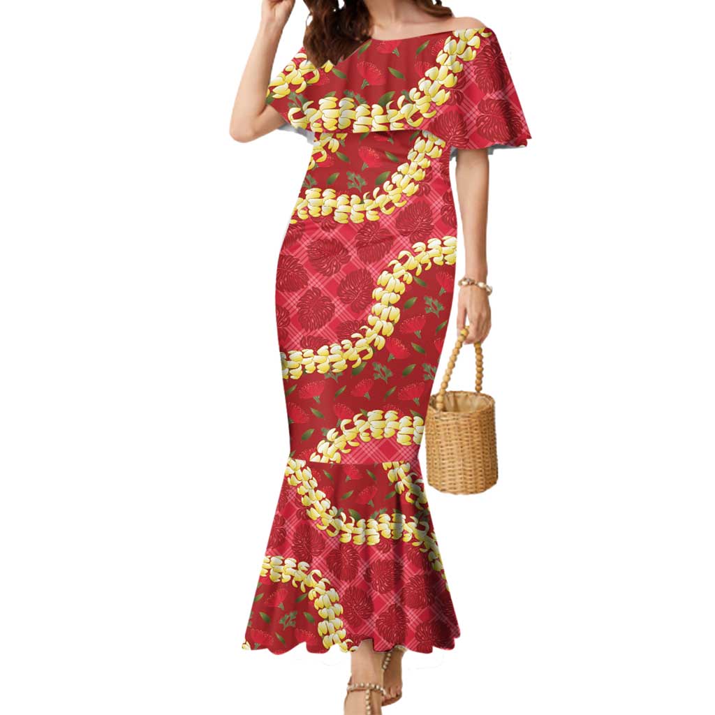 Red Palaka Hawaii Mele Kalikimaka Mermaid Dress Ohia Lehua Monstera Puakenikeni Lei - Polynesian Pride