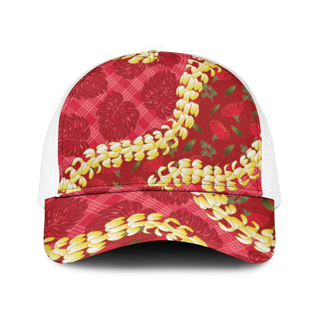 Red Palaka Hawaii Mele Kalikimaka Mesh Trucker Cap Ohia Lehua Monstera Puakenikeni Lei - Polynesian Pride