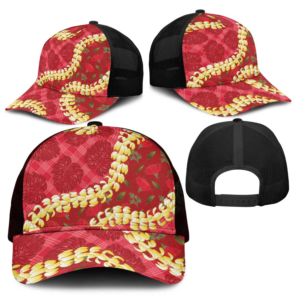 Red Palaka Hawaii Mele Kalikimaka Mesh Trucker Cap Ohia Lehua Monstera Puakenikeni Lei - Polynesian Pride