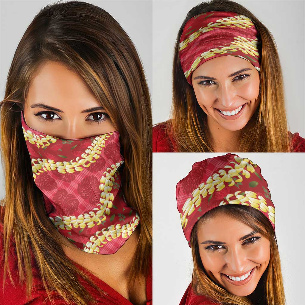Red Palaka Hawaii Mele Kalikimaka Neck Gaiter Ohia Lehua Monstera Puakenikeni Lei - Polynesian Pride