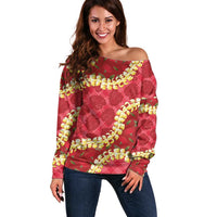 Red Palaka Hawaii Mele Kalikimaka Off Shoulder Sweater Ohia Lehua Monstera Puakenikeni Lei - Polynesian Pride