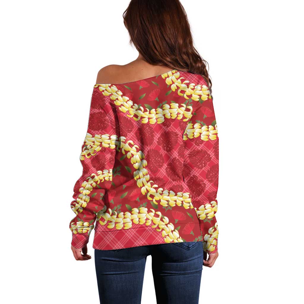 Red Palaka Hawaii Mele Kalikimaka Off Shoulder Sweater Ohia Lehua Monstera Puakenikeni Lei - Polynesian Pride
