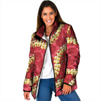 Red Palaka Hawaii Mele Kalikimaka Padded Jacket Ohia Lehua Monstera Puakenikeni Lei - Polynesian Pride