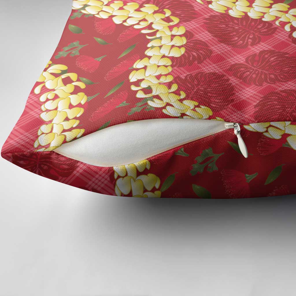 Red Palaka Hawaii Mele Kalikimaka Pillow Cover Ohia Lehua Monstera Puakenikeni Lei - Polynesian Pride