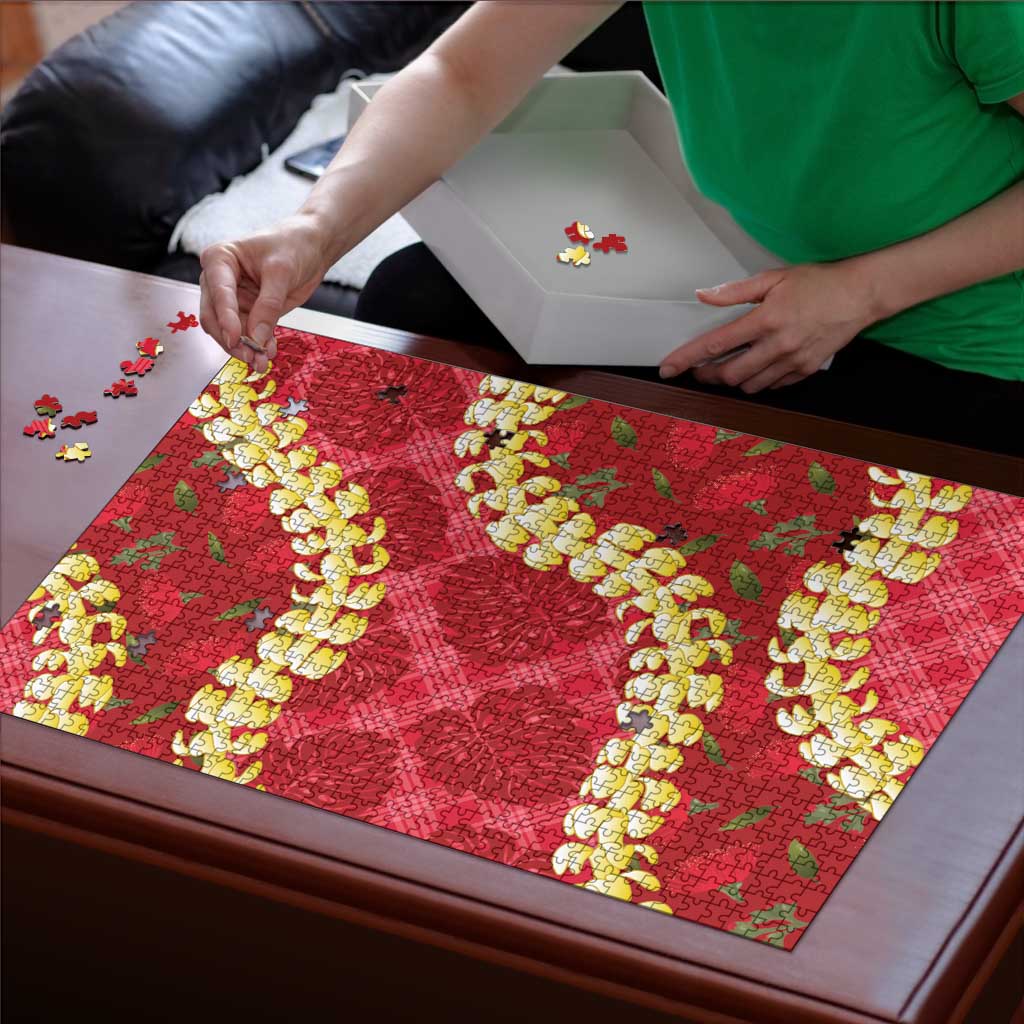 Red Palaka Hawaii Mele Kalikimaka Puzzle Ohia Lehua Monstera Puakenikeni Lei - Polynesian Pride