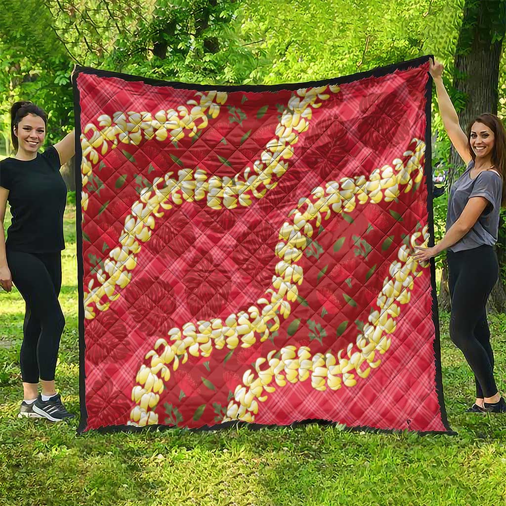 Red Palaka Hawaii Mele Kalikimaka Quilt Ohia Lehua Monstera Puakenikeni Lei - Polynesian Pride
