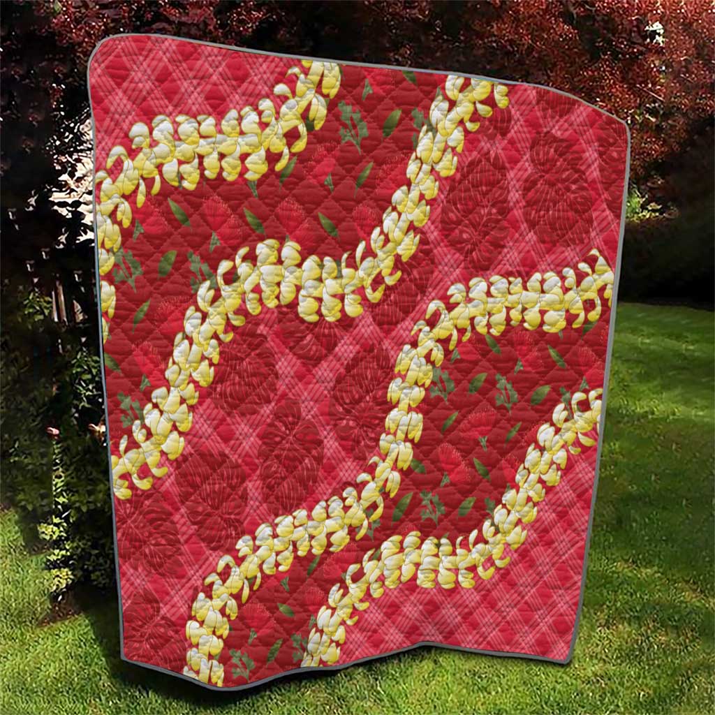 Red Palaka Hawaii Mele Kalikimaka Quilt Ohia Lehua Monstera Puakenikeni Lei - Polynesian Pride