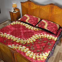 Red Palaka Hawaii Mele Kalikimaka Quilt Bed Set Ohia Lehua Monstera Puakenikeni Lei - Polynesian Pride
