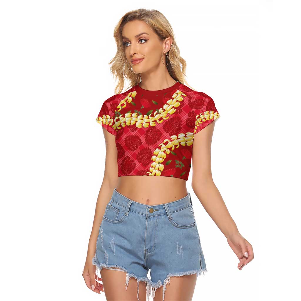 Red Palaka Hawaii Mele Kalikimaka Raglan Cropped T Shirt Ohia Lehua Monstera Puakenikeni Lei - Polynesian Pride