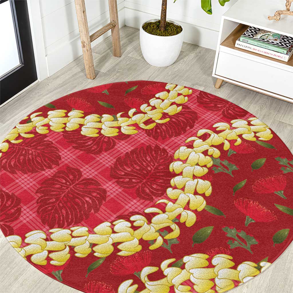 Red Palaka Hawaii Mele Kalikimaka Round Carpet Ohia Lehua Monstera Puakenikeni Lei - Polynesian Pride
