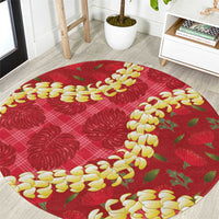 Red Palaka Hawaii Mele Kalikimaka Round Carpet Ohia Lehua Monstera Puakenikeni Lei - Polynesian Pride