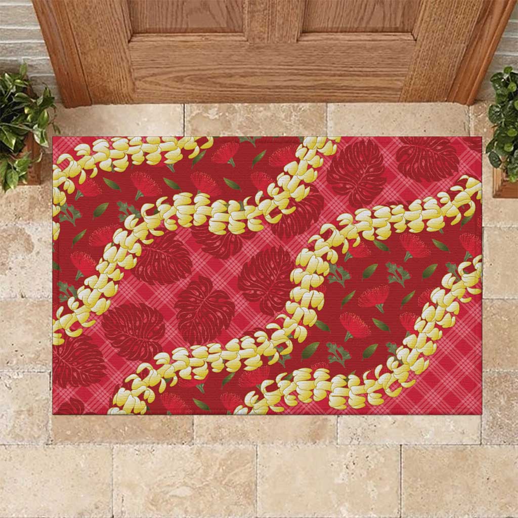 Red Palaka Hawaii Mele Kalikimaka Rubber Doormat Ohia Lehua Monstera Puakenikeni Lei - Polynesian Pride