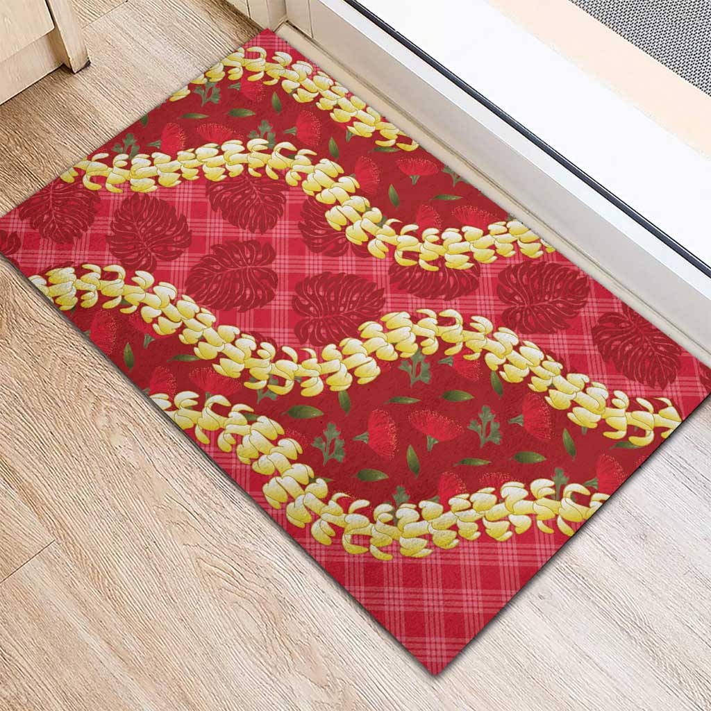 Red Palaka Hawaii Mele Kalikimaka Rubber Doormat Ohia Lehua Monstera Puakenikeni Lei - Polynesian Pride