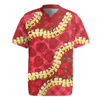 Red Palaka Hawaii Mele Kalikimaka Rugby Jersey Ohia Lehua Monstera Puakenikeni Lei - Polynesian Pride