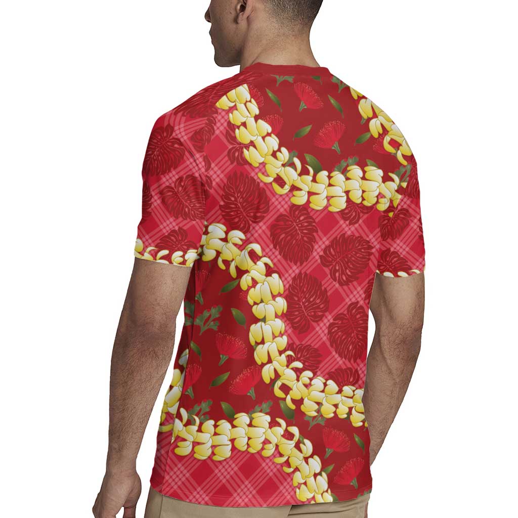 Red Palaka Hawaii Mele Kalikimaka Rugby Jersey Ohia Lehua Monstera Puakenikeni Lei - Polynesian Pride