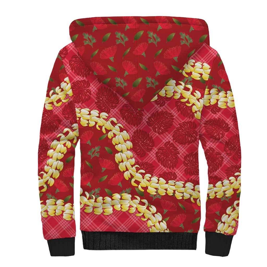 Red Palaka Hawaii Mele Kalikimaka Sherpa Hoodie Ohia Lehua Monstera Puakenikeni Lei - Polynesian Pride