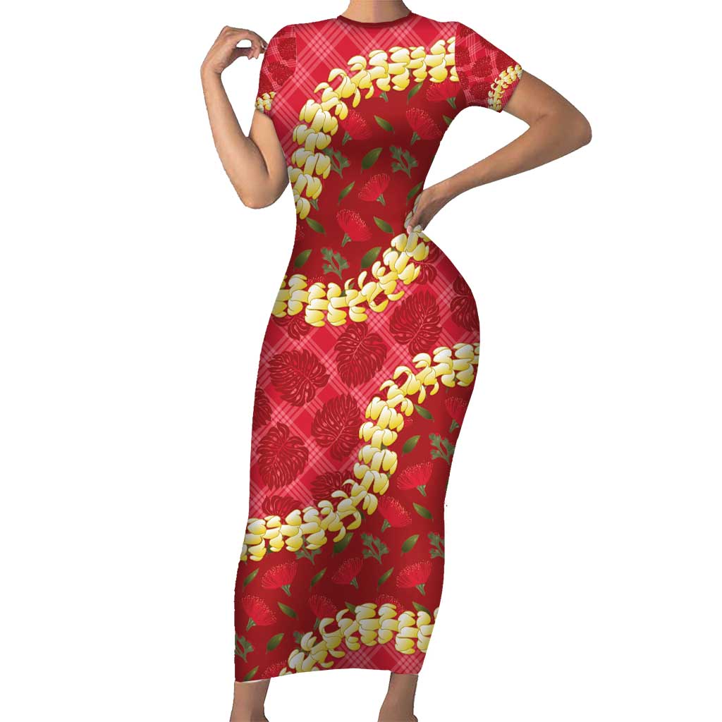 Red Palaka Hawaii Mele Kalikimaka Short Sleeve Bodycon Dress Ohia Lehua Monstera Puakenikeni Lei - Polynesian Pride