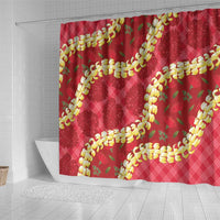 Red Palaka Hawaii Mele Kalikimaka Shower Curtain Ohia Lehua Monstera Puakenikeni Lei - Polynesian Pride