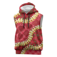 Red Palaka Hawaii Mele Kalikimaka Sleeveless Hoodie Ohia Lehua Monstera Puakenikeni Lei - Polynesian Pride