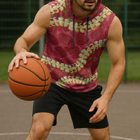 Red Palaka Hawaii Mele Kalikimaka Sleeveless Hoodie Ohia Lehua Monstera Puakenikeni Lei - Polynesian Pride