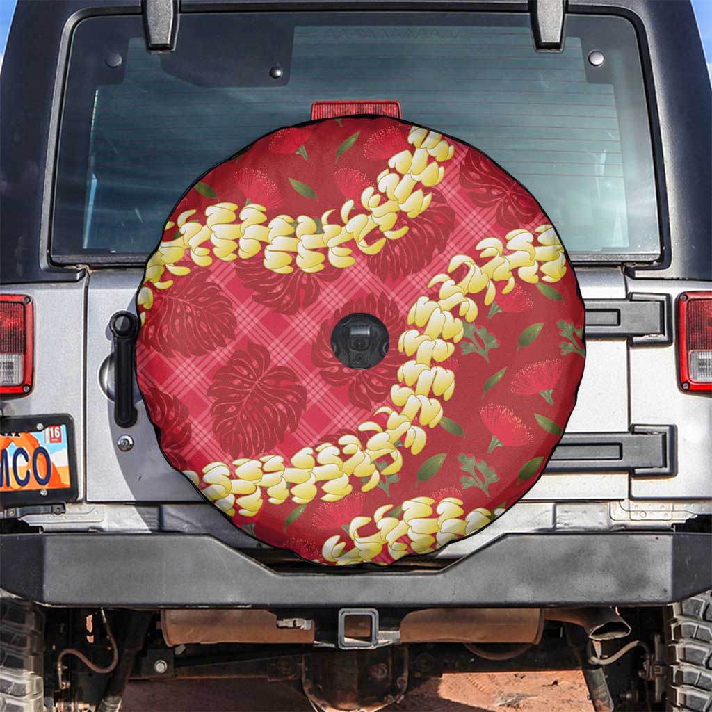 Red Palaka Hawaii Mele Kalikimaka Spare Tire Cover Ohia Lehua Monstera Puakenikeni Lei - Polynesian Pride