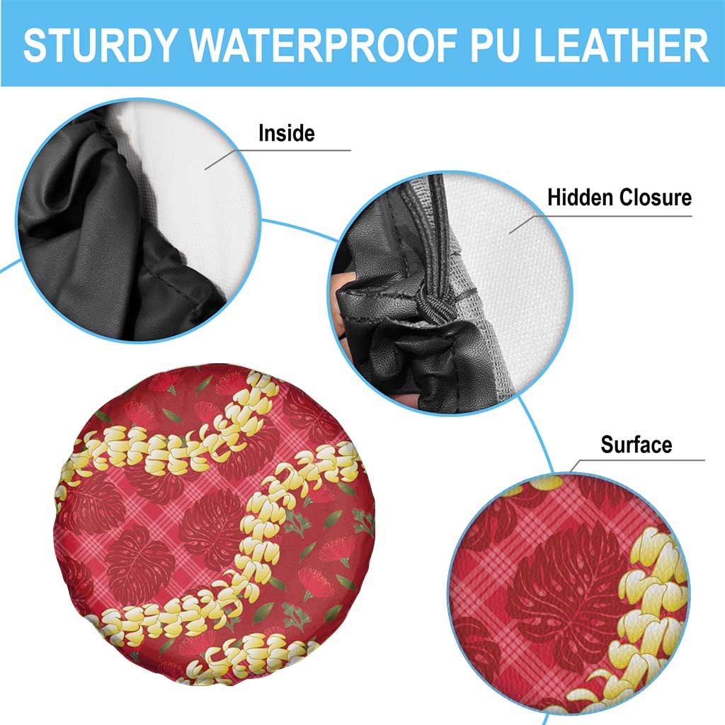 Red Palaka Hawaii Mele Kalikimaka Spare Tire Cover Ohia Lehua Monstera Puakenikeni Lei - Polynesian Pride