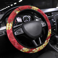 Red Palaka Hawaii Mele Kalikimaka Steering Wheel Cover Ohia Lehua Monstera Puakenikeni Lei - Polynesian Pride