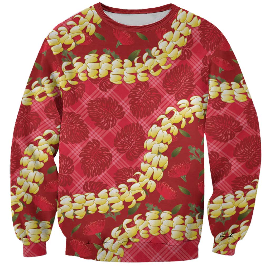 Red Palaka Hawaii Mele Kalikimaka Sweatshirt Ohia Lehua Monstera Puakenikeni Lei - Polynesian Pride