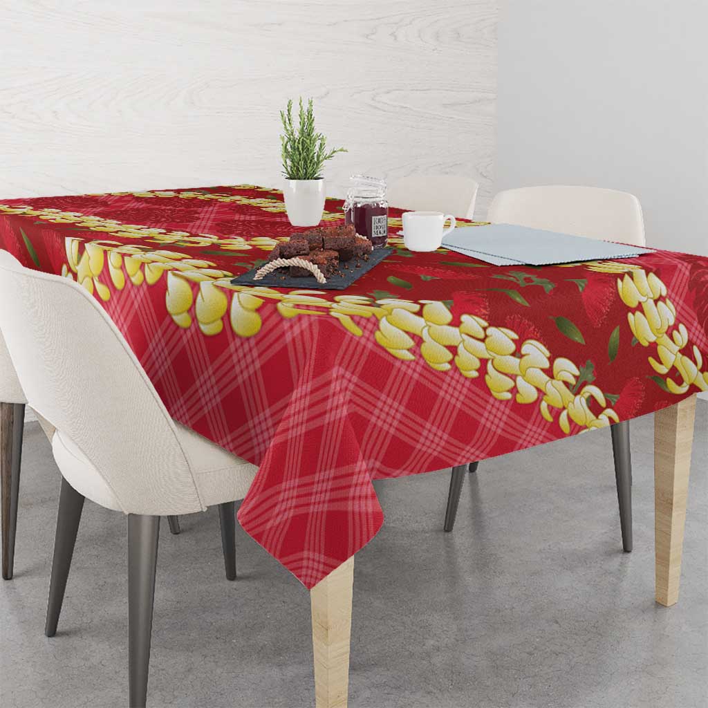 Red Palaka Hawaii Mele Kalikimaka Tablecloth Ohia Lehua Monstera Puakenikeni Lei - Polynesian Pride