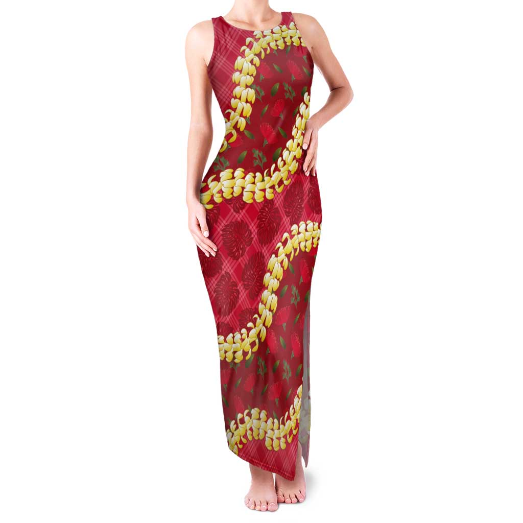 Red Palaka Hawaii Mele Kalikimaka Tank Maxi Dress Ohia Lehua Monstera Puakenikeni Lei - Polynesian Pride