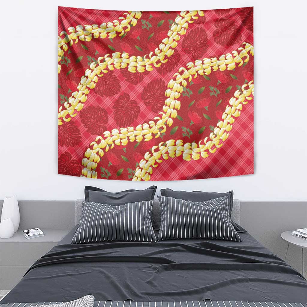 Red Palaka Hawaii Mele Kalikimaka Tapestry Ohia Lehua Monstera Puakenikeni Lei - Polynesian Pride